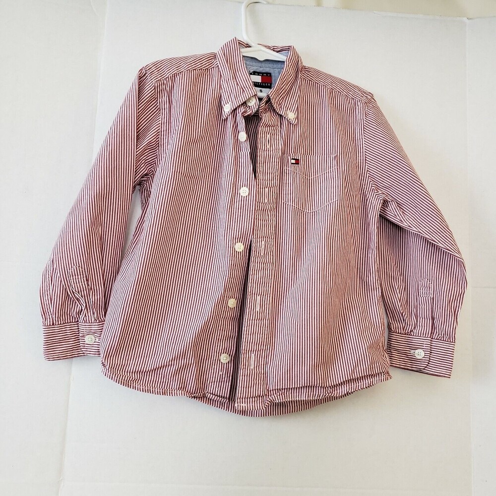 Tommy Hilfiger Boys Dress Shirt Red White Stripes size 5 Long Sleeve Button Down
